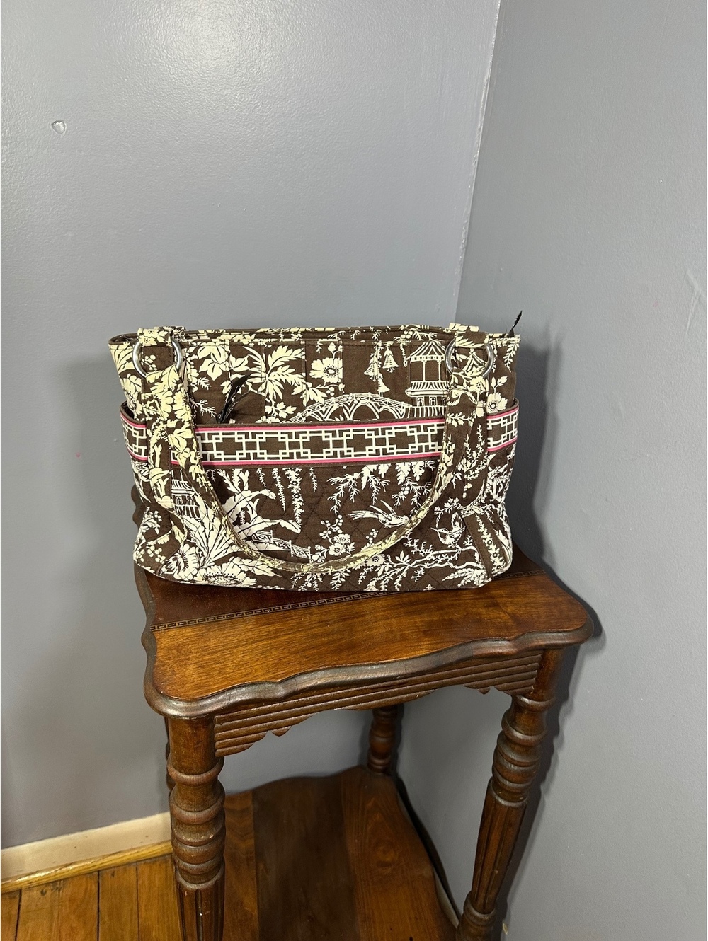 Vintage Vera Bradley Stephanie Shoulder Bag Imperial Toile Quilted Brown Pink